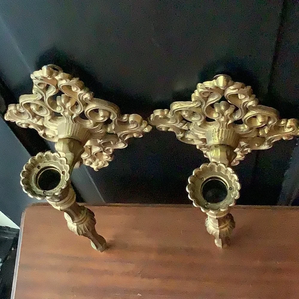 Vintage Ornate Hollywood Regency Metal Wall Sconces Candelabra Candle Holder